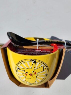 NEW Pokemon Pikachu Ceramic Ramen Bowl Chopsticks and Spoon Microwave Safe 20 oz